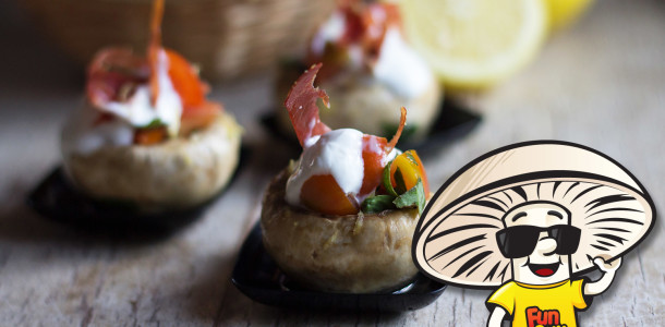 Cherry Tomato, Basil, and Iberian Ham Stuffed Marinated Mushrooms