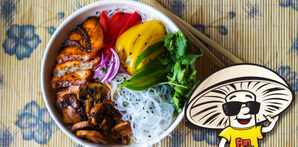 Rainbow Teriyaki Funguy and Salmon Bowl