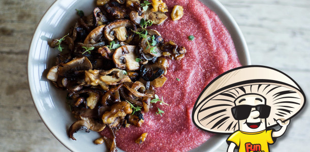Creamy Beet Polenta with FunGuy Mushrooms, Walnuts and Onion
