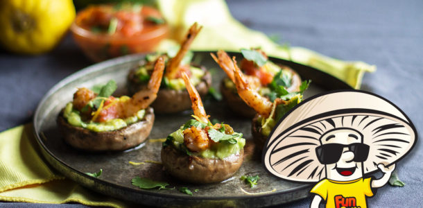 FunGuy's Grilled Chili Shrimp in Guacamole Stuffed Mushrooms