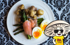 FunGuy's Smoke Salmon Wrapped Aspargus with Mushrooms and Soft Boiled Egg