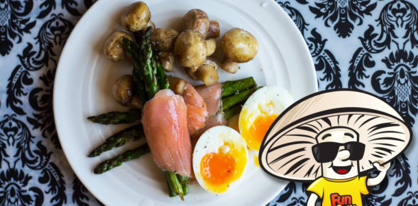FunGuy's Smoke Salmon Wrapped Aspargus with Mushrooms and Soft Boiled Egg