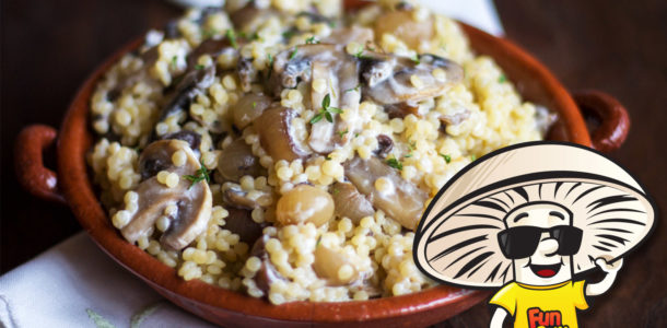 Toasted Couscous with Creamy Balsamic FunGuy Mushrooms and Pearl Onions