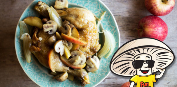 Roasted Chicken Leg Quarters with Honey FunGuy Mushrooms Apples and Onions