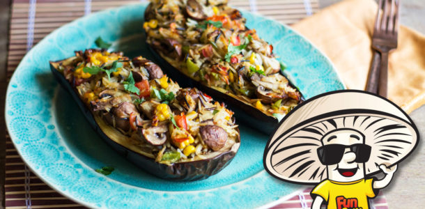 Eggplant Stuffed with FunGuy Mushrooms and Wild Rice Salad