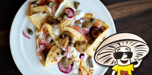 FunGuy’s Crepes and Lox with Quick Pickled Red Onions