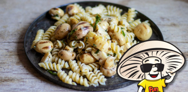 FunGuy’s Marinated Grilled Mushrooms and Artichoke Heart Pasta Salad