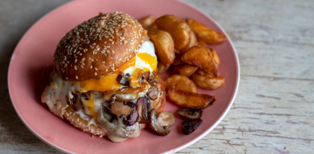 FunGuy's Mushroom Swiss Burger with Fried Egg