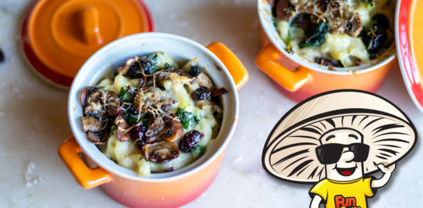Festive FunGuy Mac and Cheese with Spinach and Cranberries