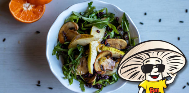 Forbidden Rice, Arugula, and Pear Salad with Warm FunGuy Citrus Vinaigrette