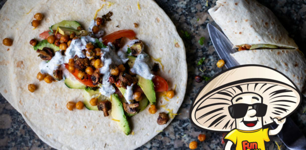 Roasted FunGuy Mushrooms and Chickpea Wrap with Yogurt Sauce