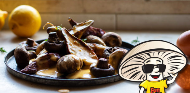 Roasted FunGuy Mushrooms and Sweet Potatoes Smothered in Hollandaise Sauce