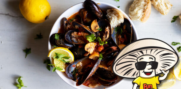 FunGuy’s Mussels and Mushrooms Steamed in Tomato and Wine Sauce