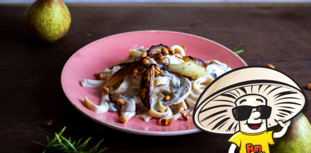 Creamy FunGuy Fettucine with Brown Butter Pears and Pine Nuts