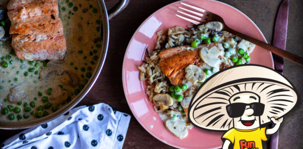 FunGuy’s Seared Salmon and Creamy Mushroom Sauce with Wild Rice