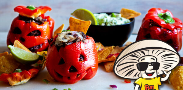Jack-O-Lantern Stuffed Peppers with FunGuy Black Bean and Rice Dip