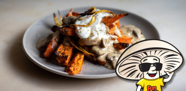 Roasted Sweet Potato Fries and Onions with Creamy FunGuy Mushroom Stroganoff Sauce