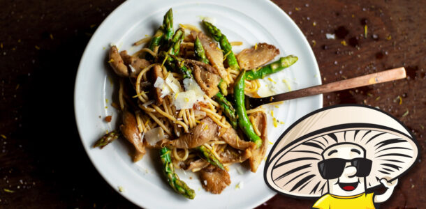 Lemon Pepper Oyster Mushrooms and Asparagus with Spaghetti