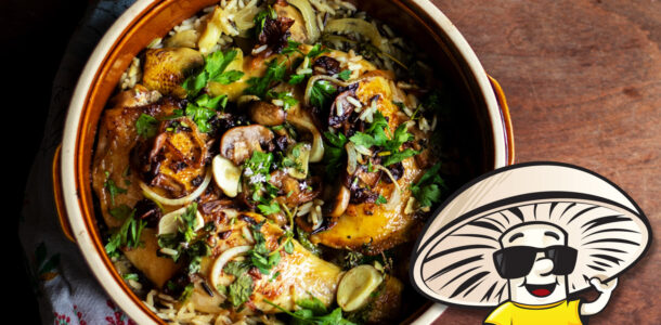 Baked Chicken Legs with FunGuy Mushrooms and Wild Rice