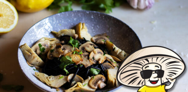 FunGuy’s Garlic Lemon Artichoke with Squid Ink Spaghetti