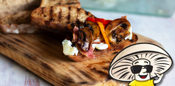 FunGuy’s Grilled Mushrooms and Sweet Peppers with Salami and Goat Cheese Crostini