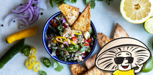 FunGuy Oyster Mushroom Ceviche and Jerk Spice Baked Tortilla Chips