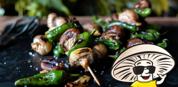 FunGuy’s Grilled Garlic Mushrooms and Padron Peppers Skewers