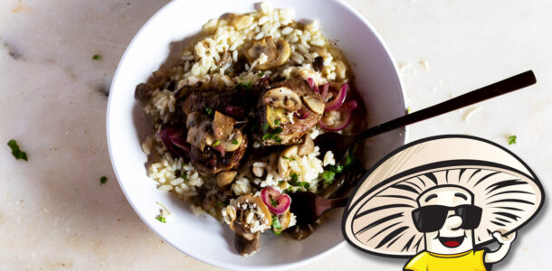 FunGuy's Oyster Mushroom Risotto with Peppered Pork Medallions