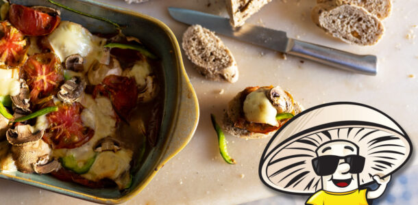 Baked Raclette Mushrooms with Tomatoes and Sweet Peppers