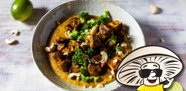FunGuy Mushrooms and Broccoli in Cashew Curry Sauce