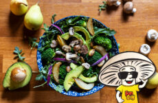 FunGuy’s Arugula and Broccoli Salad with Buttery Pears and Crimini Mushrooms