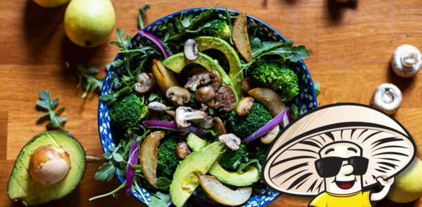 FunGuy’s Arugula and Broccoli Salad with Buttery Pears and Crimini Mushrooms