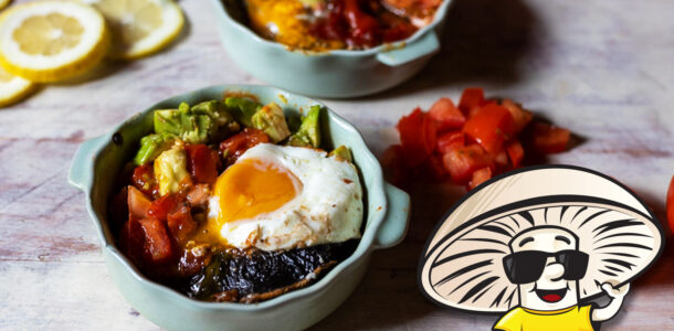 FunGuy’s Baked Egg Avocado and Tomato Portobello Mushrooms