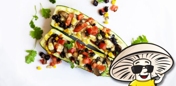FunGuy’s Crimini Mushroom and Black Bean Zucchini Boats