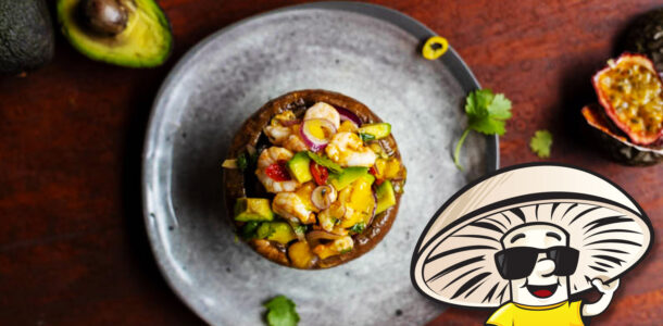 FunGuy's Shrimp Avocado and Mango Ceviche in Marinated Portobellos