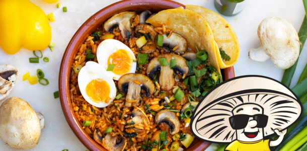 FunGuy's Tomato Rice and Mushrooms with Soft Boiled Eggs