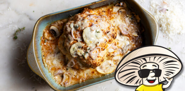 FunGuy’s Roasted Cauliflower with Creamy Mushroom Parmesan Sauce