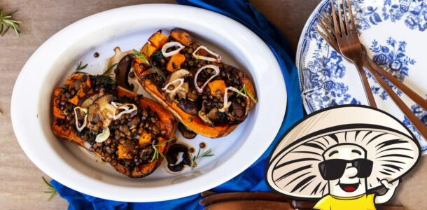 FunGuy’s Roasted Stuffed Lentil and Mushroom Butternut Squash