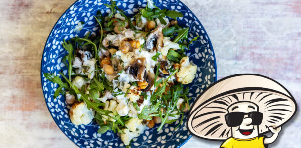 FunGuy’s Roasted Cauliflower and Chickpea Salad with Arugula and Blue Cheese Dressing
