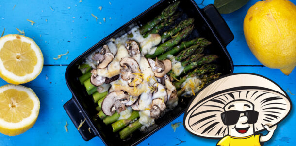 Roasted Asparagus and Crimini Mushrooms with Raclette Cheese