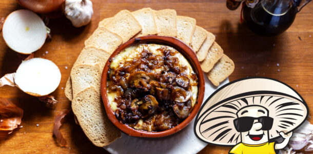 Garlicky Balsamic Caramelized Onions with FunGuy Mushrooms on Baked Camembert