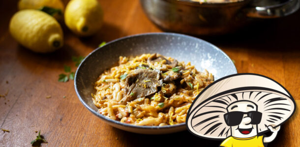 FunGuy's Creamy Lemon Pepper Orzo Pasta with Oyster Mushrooms