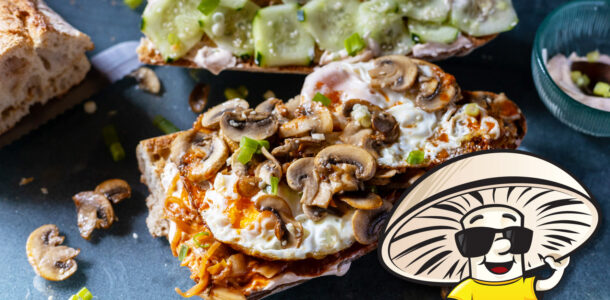FunGuy’s Fried Eggs Mushrooms and Kimchi Sandwich