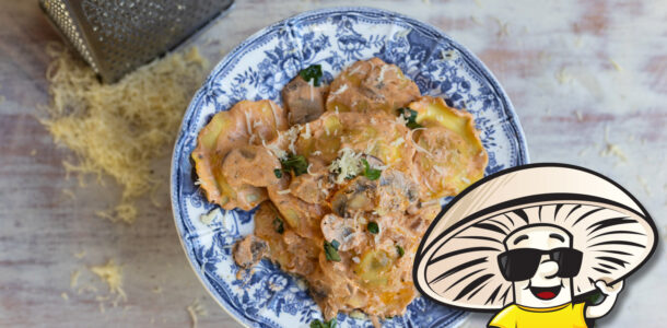 FunGuy’s Creamy Tomato Ravioli and Mushrooms