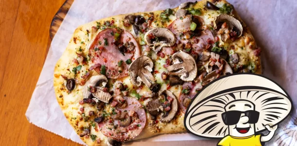 FunGuy's Ham Olives and Mushroom Topped Focaccia Bread