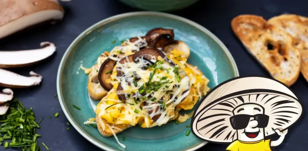 FunGuy's Cheesy Scrambled Egg and Portobello Mushroom Bacon Toast
