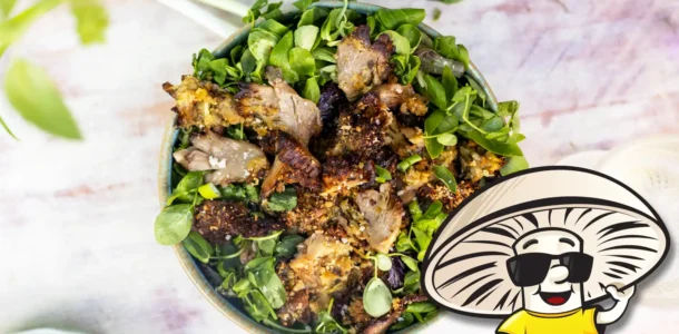 FunGuy's Baked Parmesan Oyster Mushrooms with Salad Greens